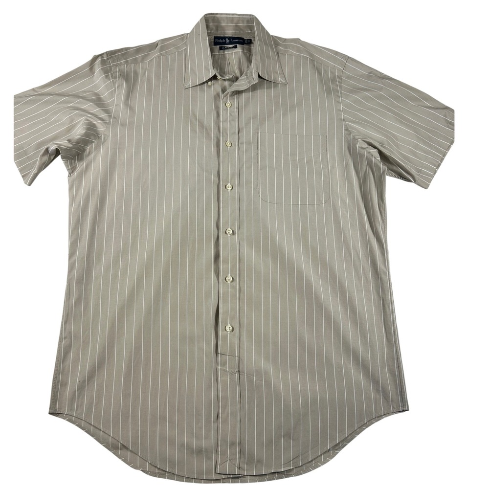 Ralph Lauren Mens Classic Fit Short Sleeve Striped Button Down Shirt Tan White M